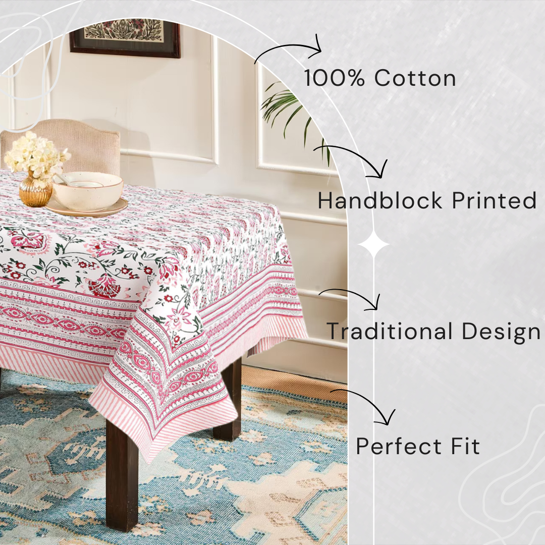Pink Shalimar Jaal Hand Block Printed Cotton Table Cover I 6 Seater