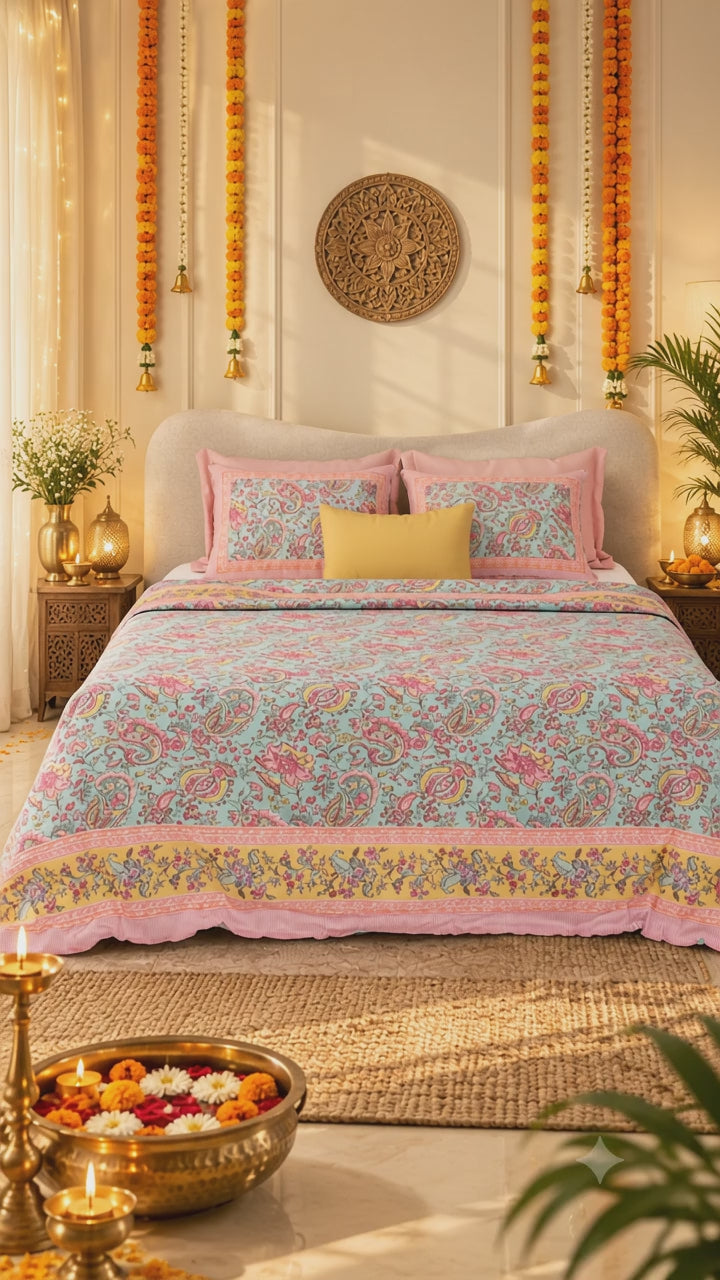Petal Symphony Hand Block Printed Cotton King Bedsheet Set | 90×108 | 240 TC