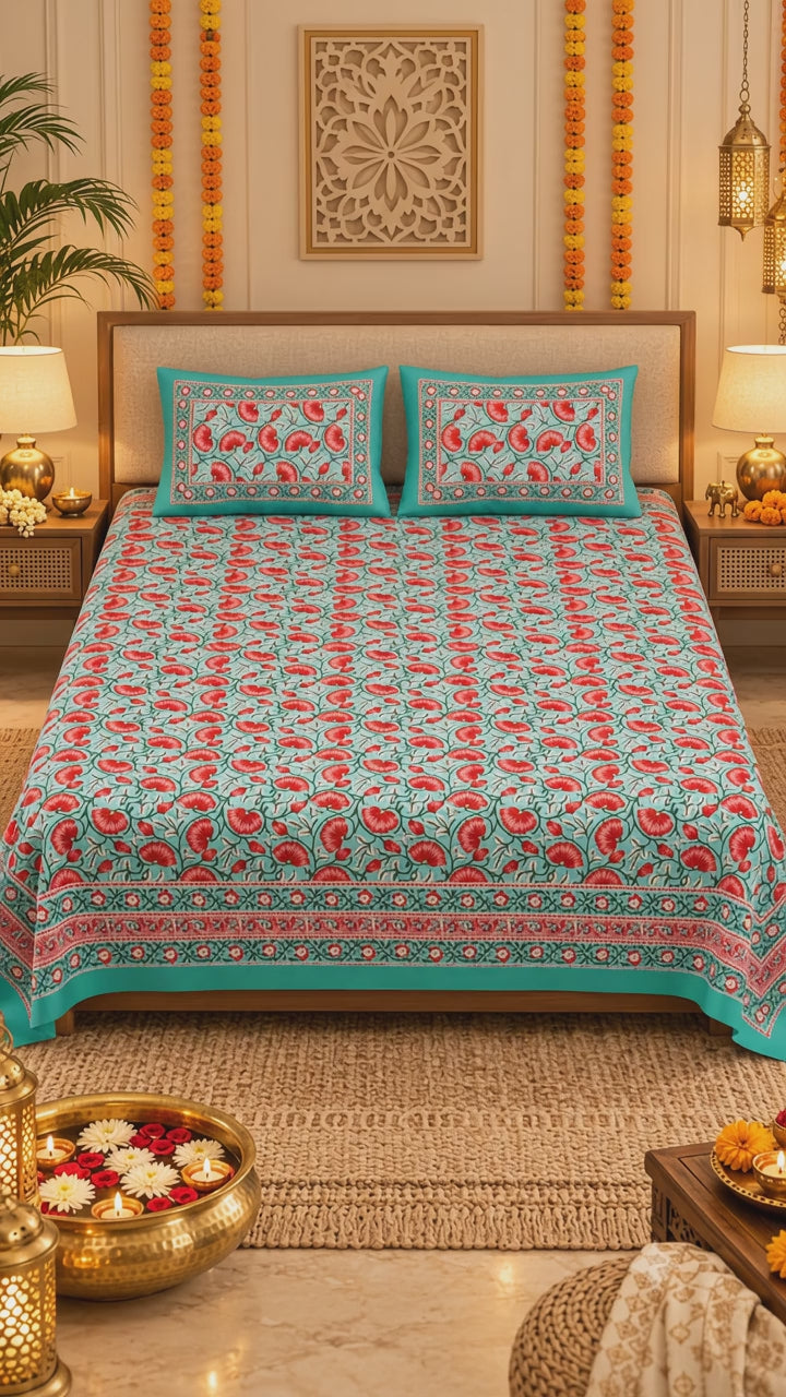 Turquoise Pink Lotus Hand Block Printed Cotton King Bedsheet Set | 90×108 | 240 TC