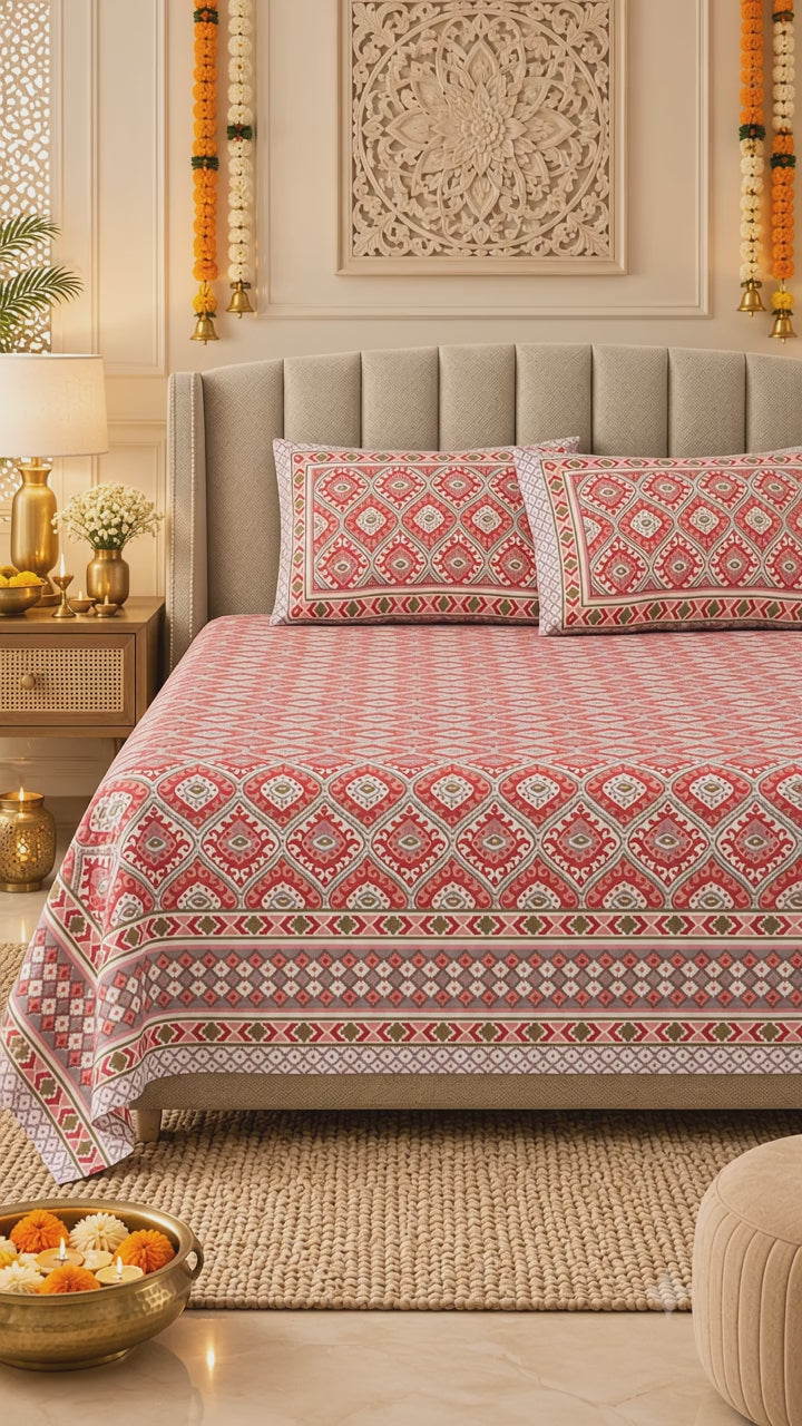 Sindoori Jaali Hand Block Printed Cotton King Bedsheet Set | 90×108 | 240 TC