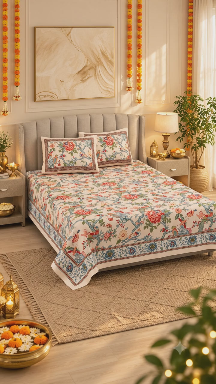 Panchhi Saga Hand Block Printed Cotton King Bedsheet Set | 90×108 | 240 TC