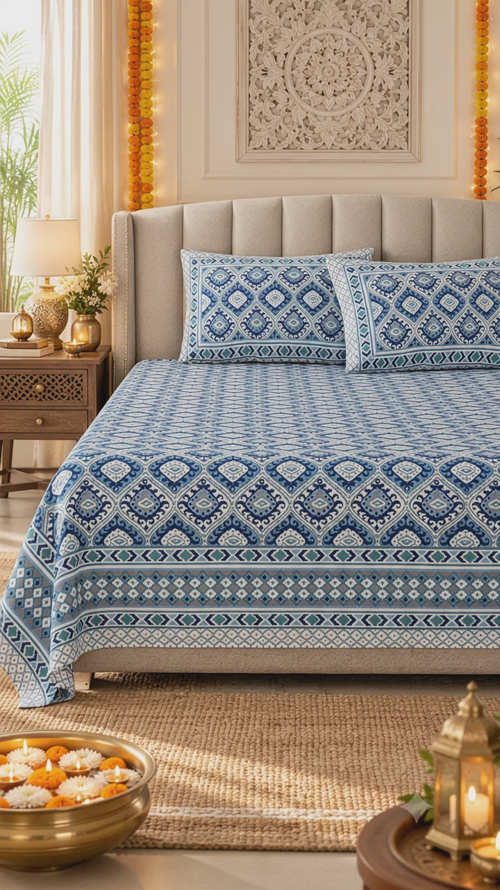 Neeli Jaali Hand Block Printed Cotton King Bedsheet Set | 90×108 | 240 TC