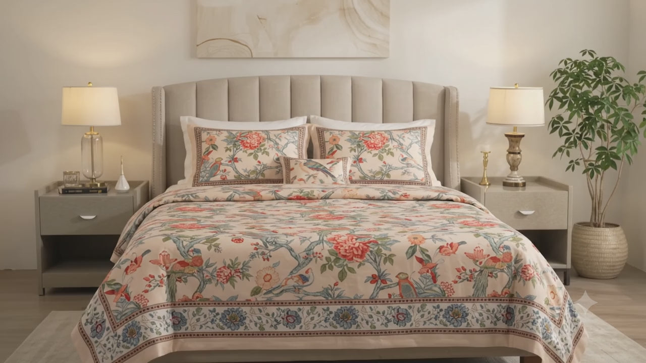 Panchhi Saga Hand Block Printed Cotton King Bedsheet Set | 90×108 | 240 TC