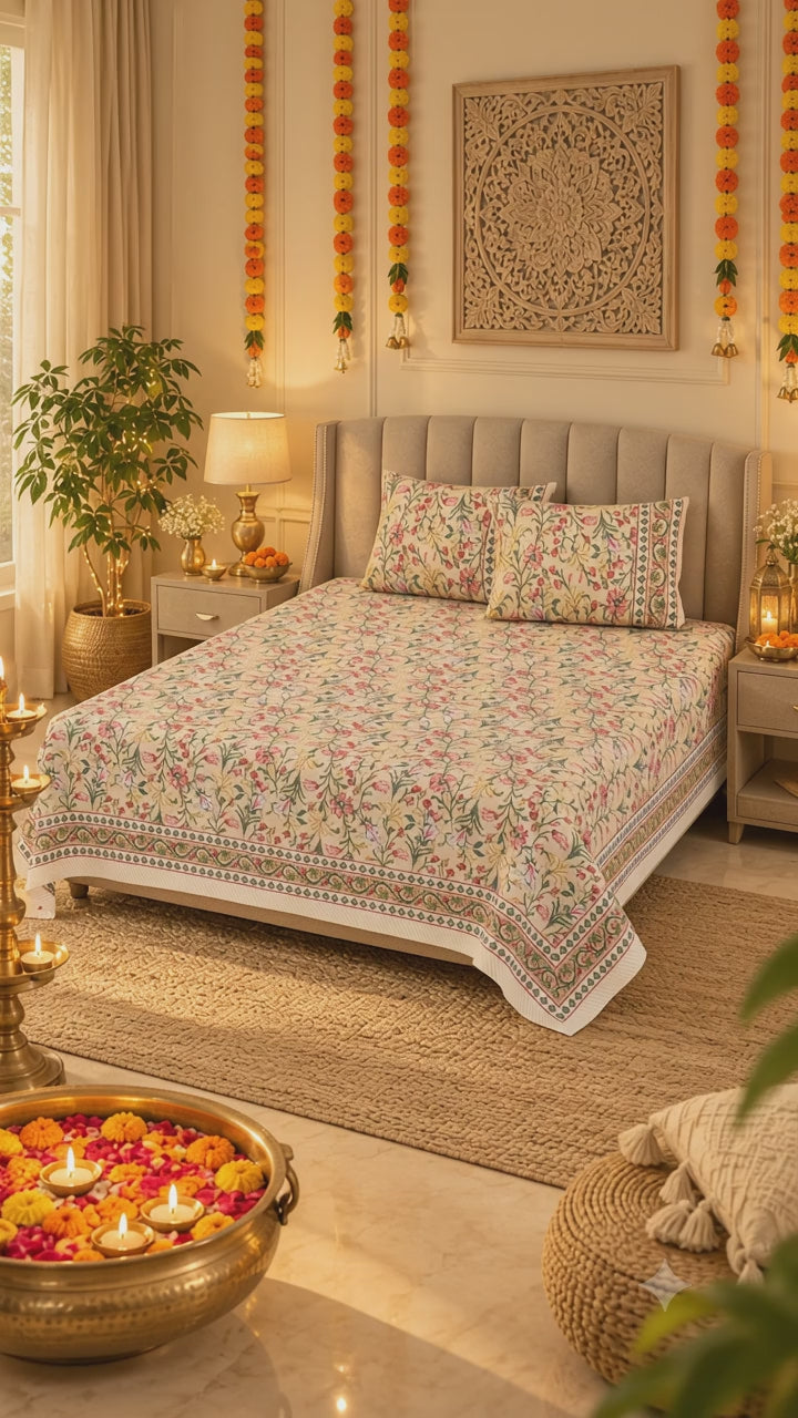 Dessert Blossom Hand Block Printed Cotton King Bedsheet Set | 90×108 | 240 TC
