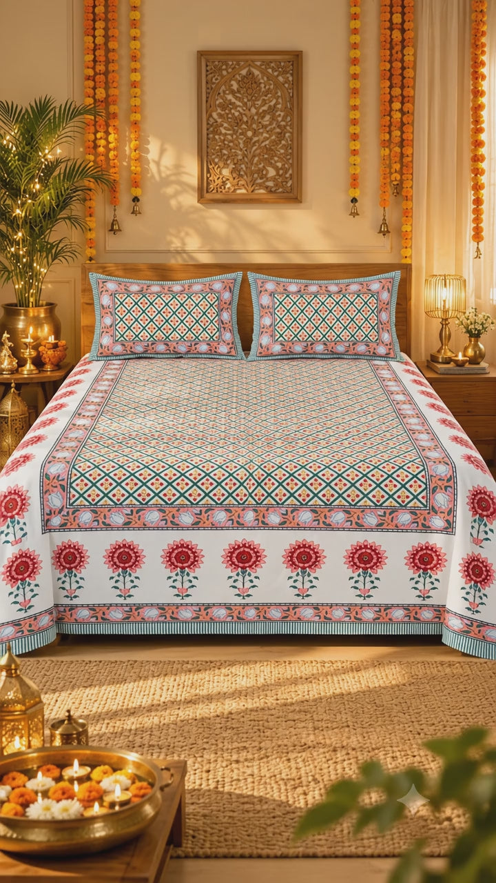 Amber Motif Hand Block Printed Cotton King Bedsheet Set | 90×108 | 240 TC
