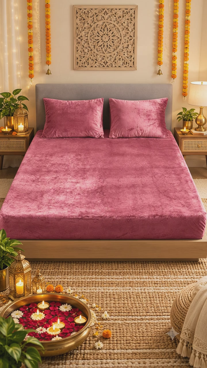 Blush Warmth Flannel Elastic Fitted King Bedsheet (78×72×8 Inch) with 2 Pillow Covers (18×28 Inch) | Soft & Cozy Winter Bedding