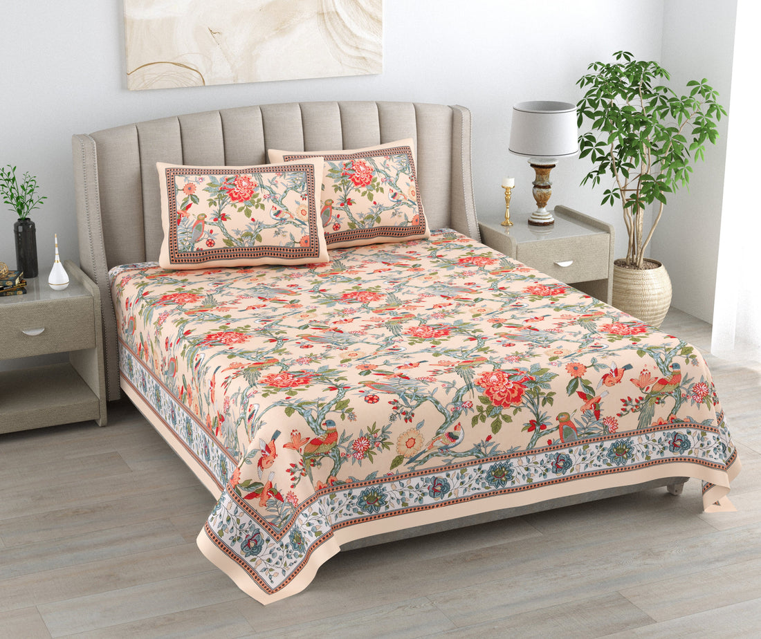 Panchhi Saga Hand Block Printed Cotton King Bedsheet Set