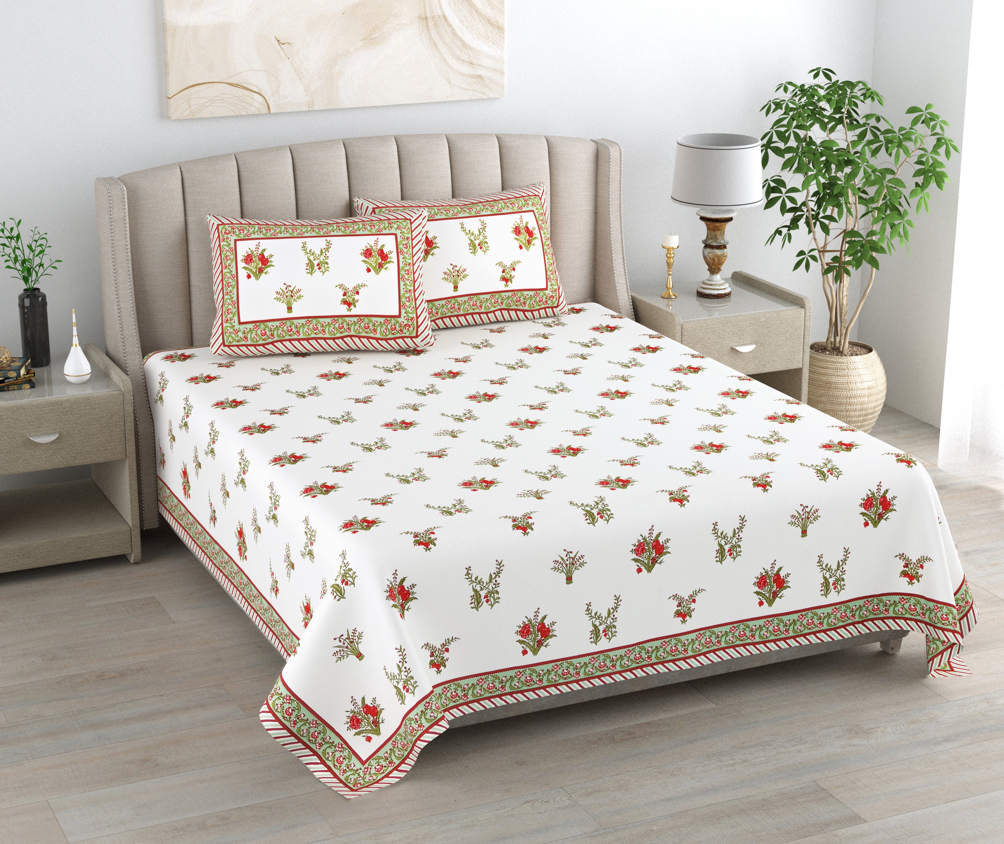 Red Bageecha Hand Block Printed Cotton King Bedsheet Set