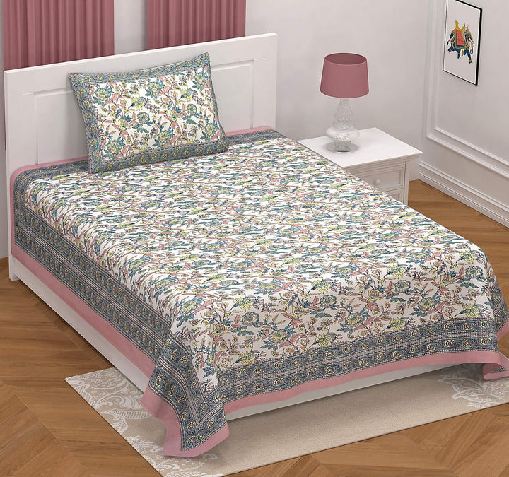 Rose Azure Hand Block Printed Cotton Single Bedsheet 60x90 inches