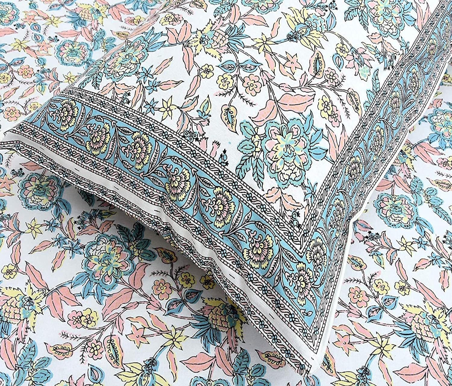 Rose Azure Hand Block Printed Cotton Single Bedsheet | 60x90 inches