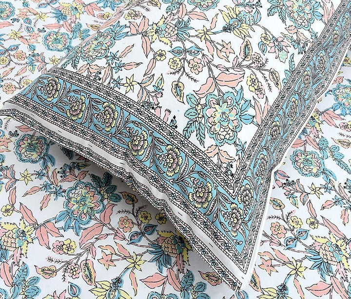 Rose Azure Hand Block Printed Cotton Single Bedsheet | 60x90 inches