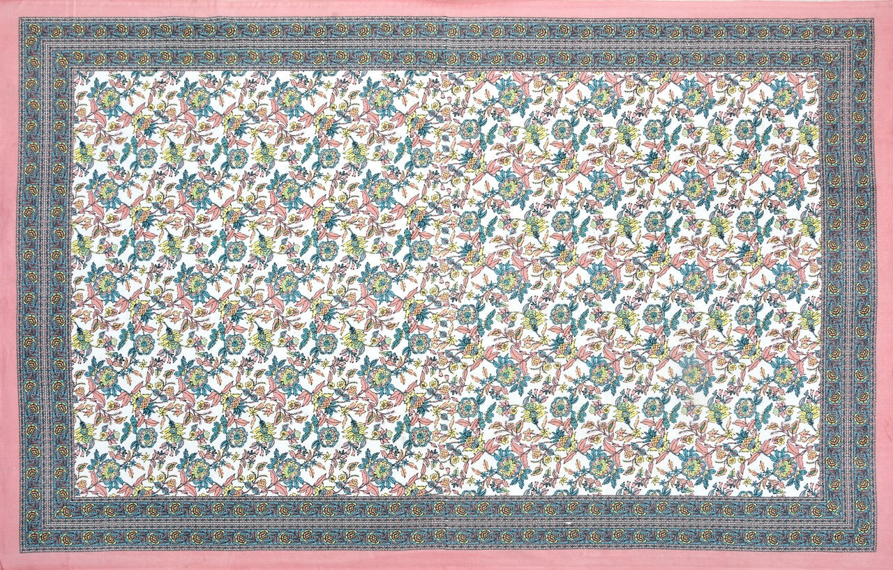 Rose Azure Hand Block Printed Cotton Single Bedsheet | 60x90 inches