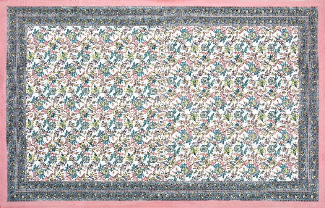 Rose Azure Hand Block Printed Cotton Single Bedsheet | 60x90 inches
