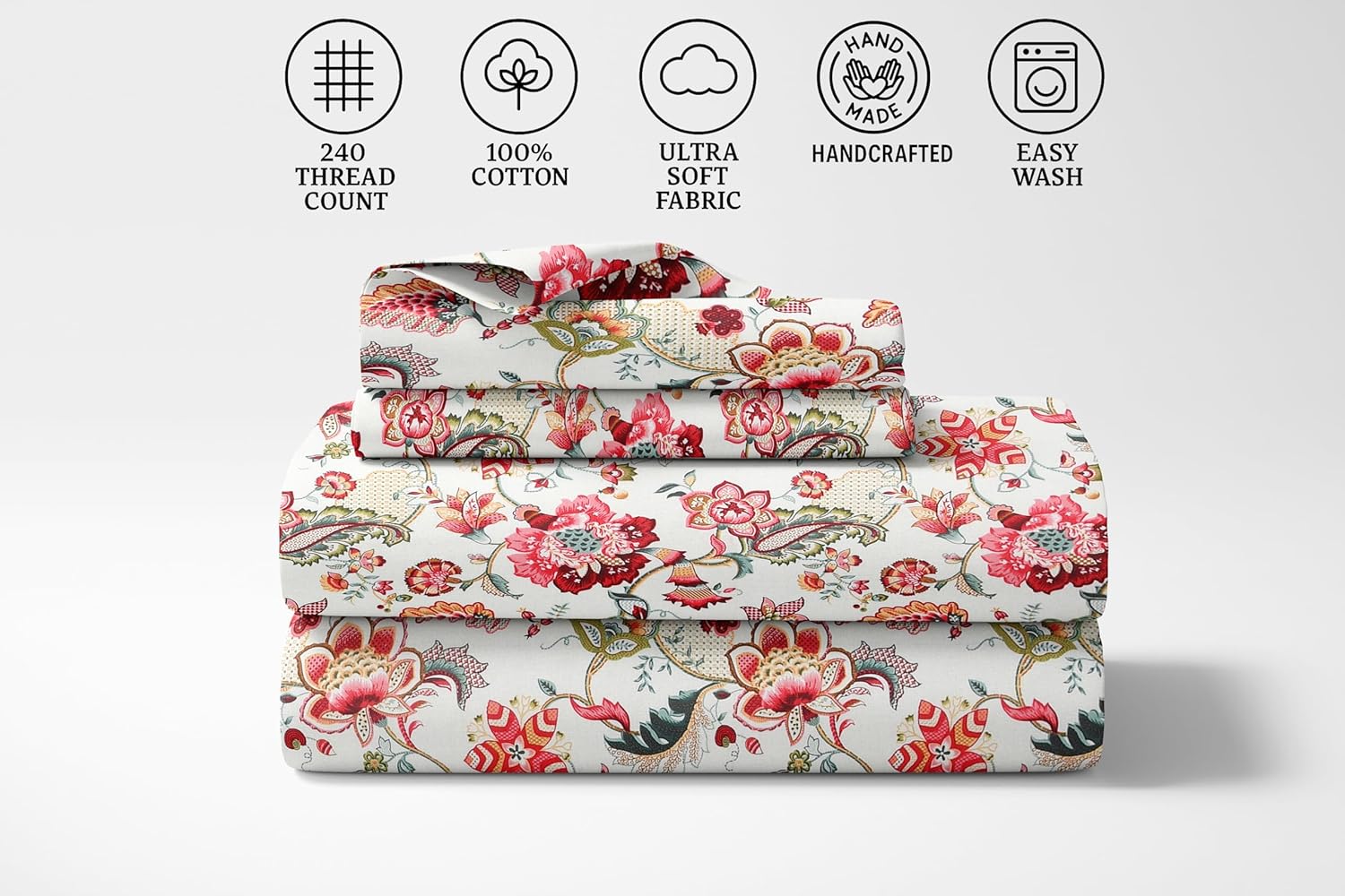 Rose Petals Hand Block Printed Cotton King Bedsheet Set | 90×108 | 240 TC