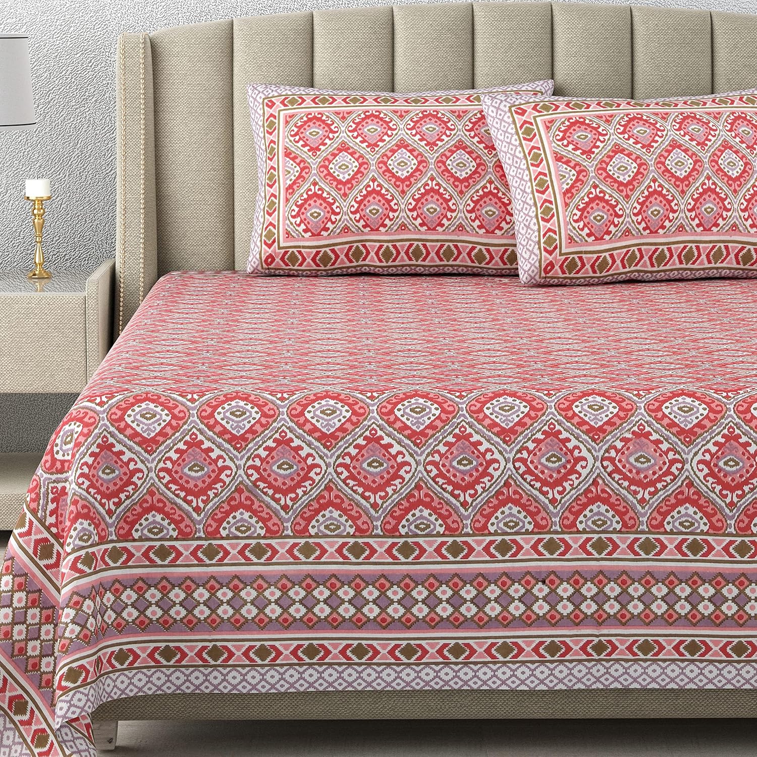 Sindoori Jaali Hand Block Printed Cotton King Bedsheet Set