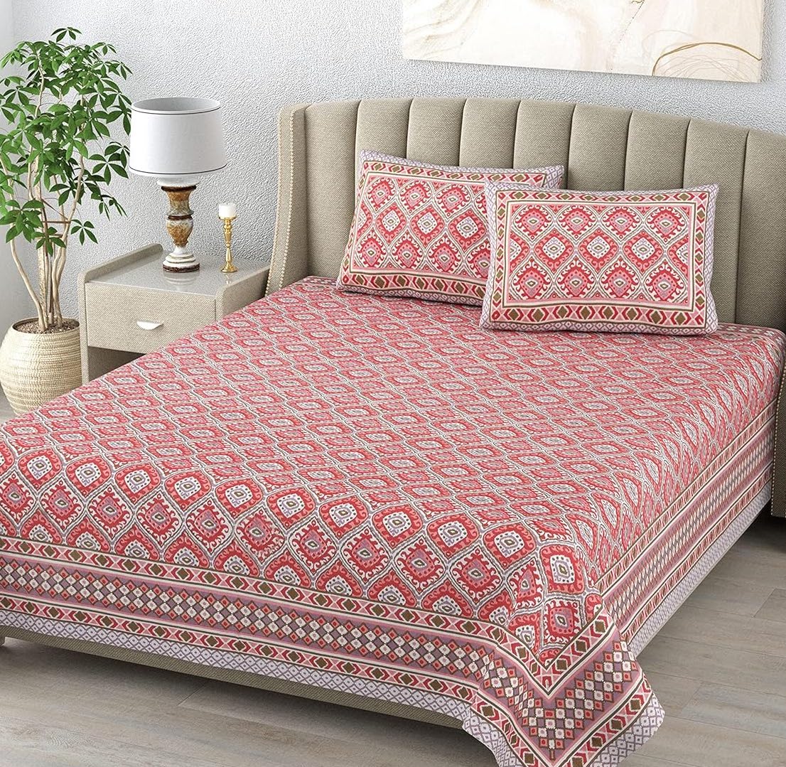 Sindoori Jaali Hand Block Printed Cotton King Bedsheet Set | 90×108 | 240 TC