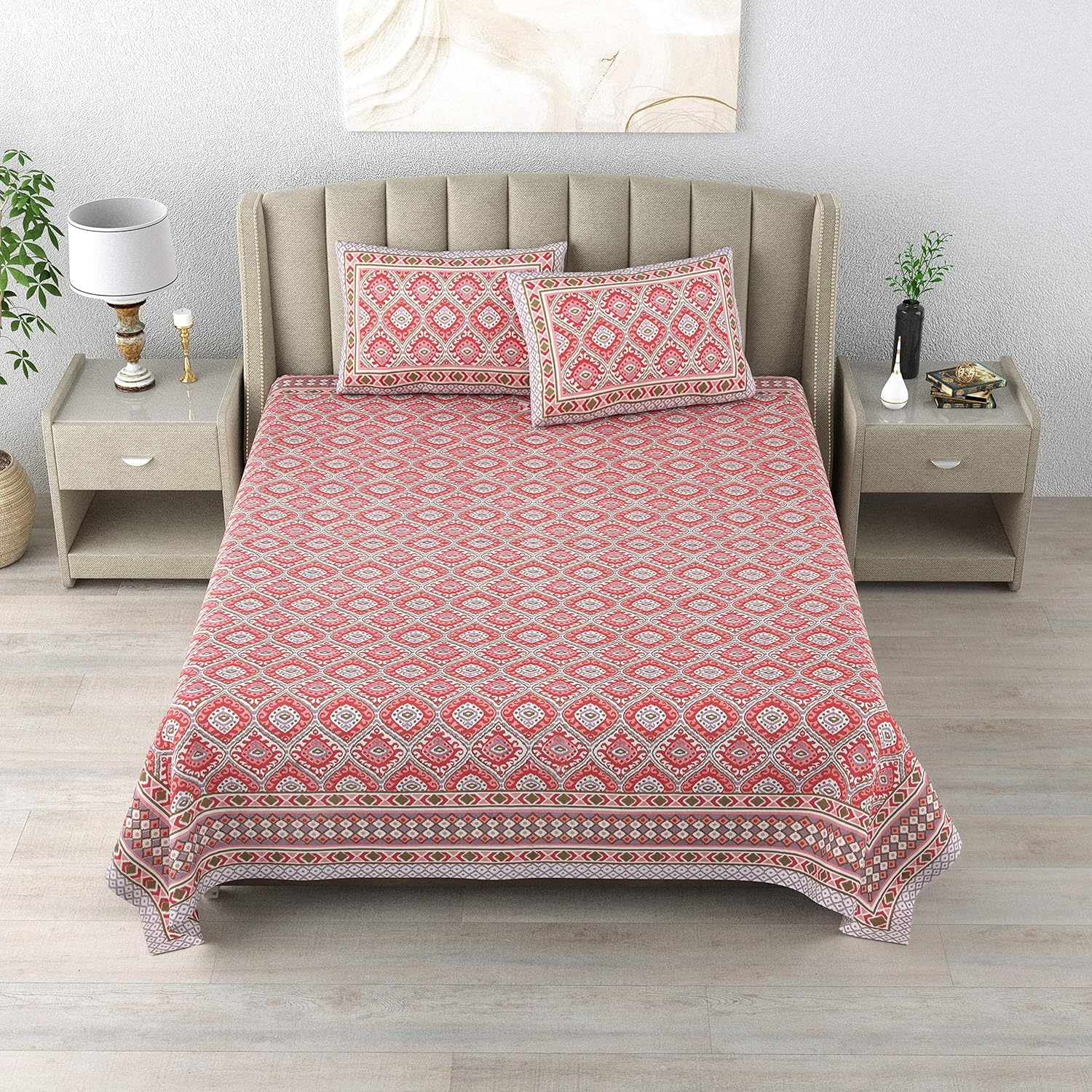 Sindoori Jaali Hand Block Printed Cotton King Bedsheet Set | 90×108 | 240 TC