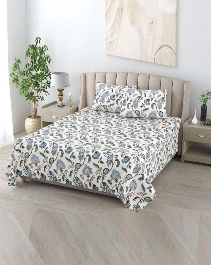 Sapphire Petals Hand Block Printed Cotton King Bedsheet Set