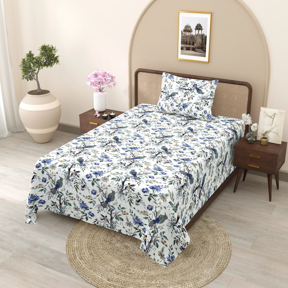 Skyfall Petals Hand Block Printed Cotton Single Bedsheet 60x90 inches
