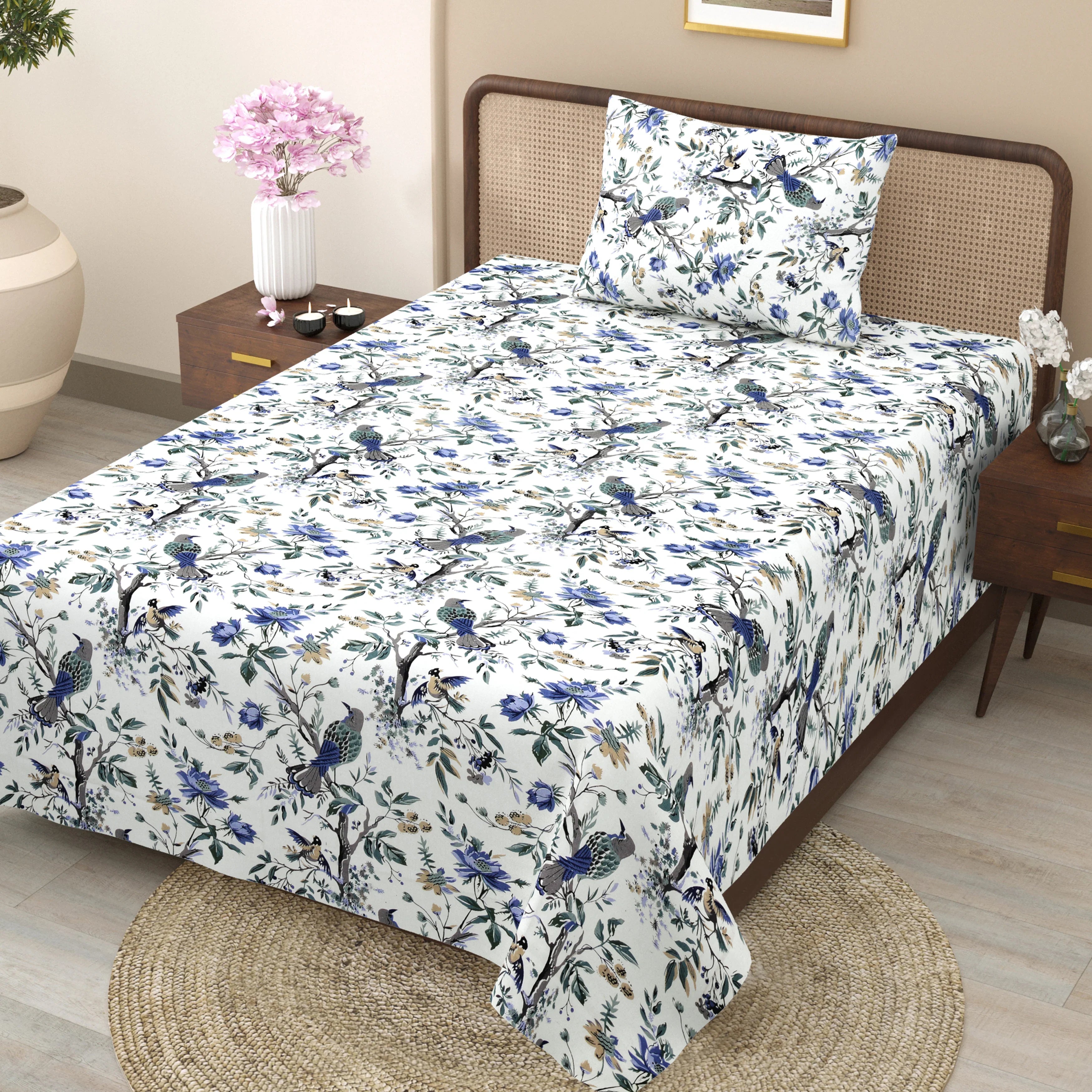 Skyfall Petals Hand Block Printed Cotton Single Bedsheet | 60x90 inches