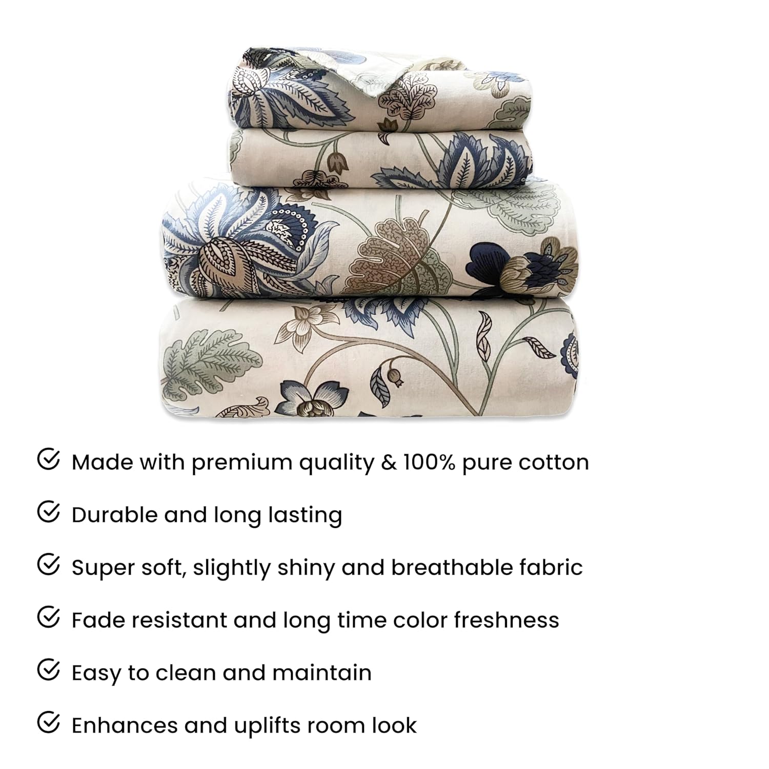 Sapphire Petals Hand Block Printed Cotton King Bedsheet Set | 90×108 | 240 TC