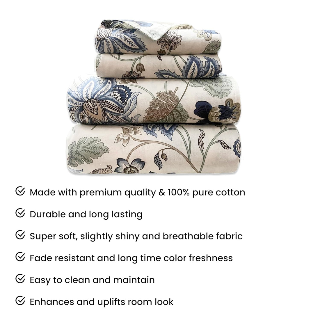 Sapphire Petals Hand Block Printed Cotton King Bedsheet Set | 90×108 | 240 TC