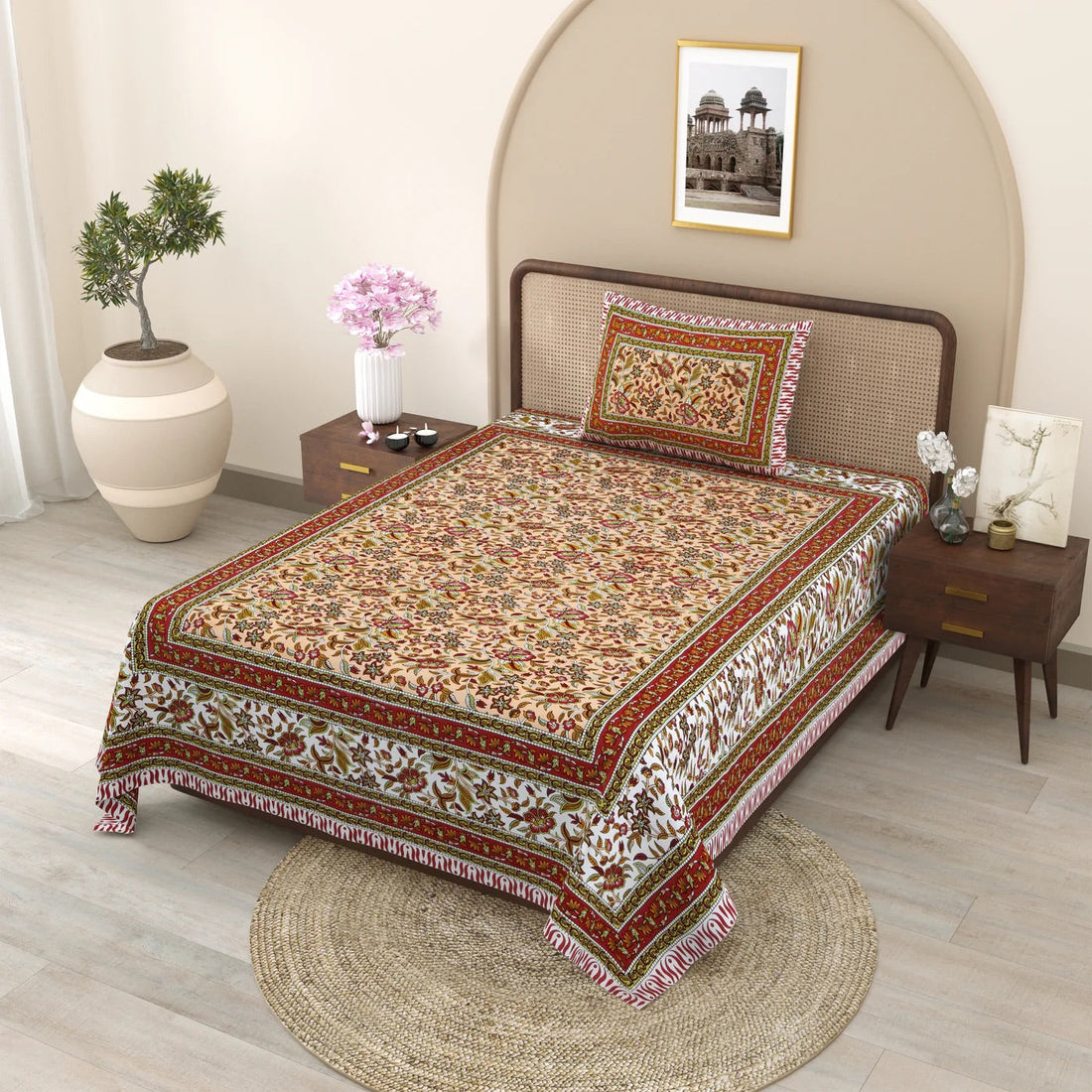 Scarlet Tide Hand Block Printed Cotton Single Bedsheet | 60x90 inches