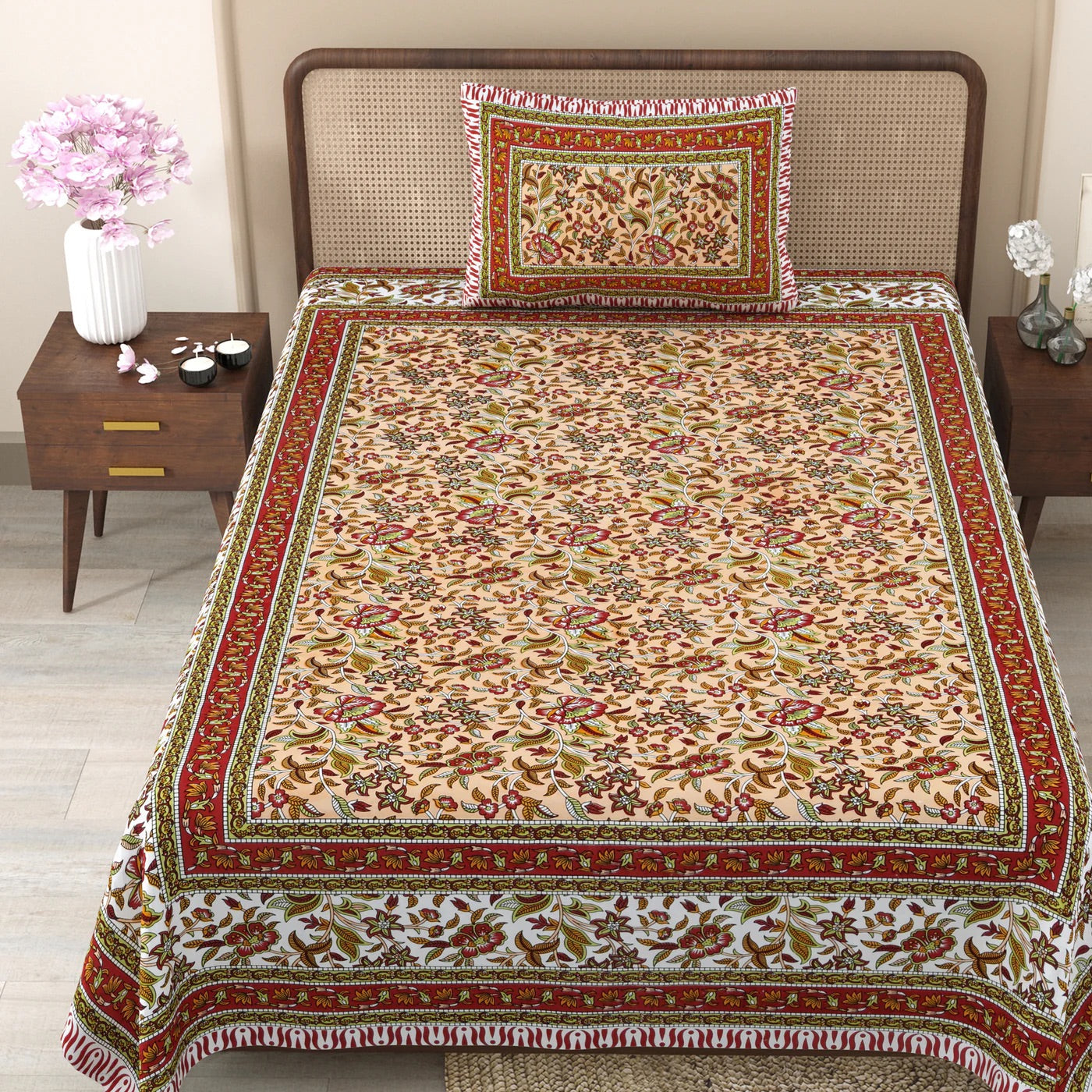 Scarlet Tide Hand Block Printed Cotton Single Bedsheet | 60x90 inches