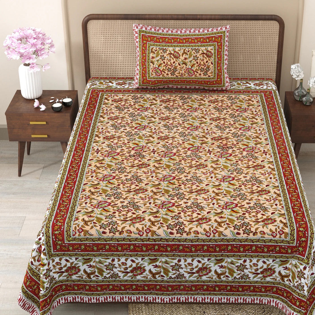 Scarlet Tide Hand Block Printed Cotton Single Bedsheet | 60x90 inches
