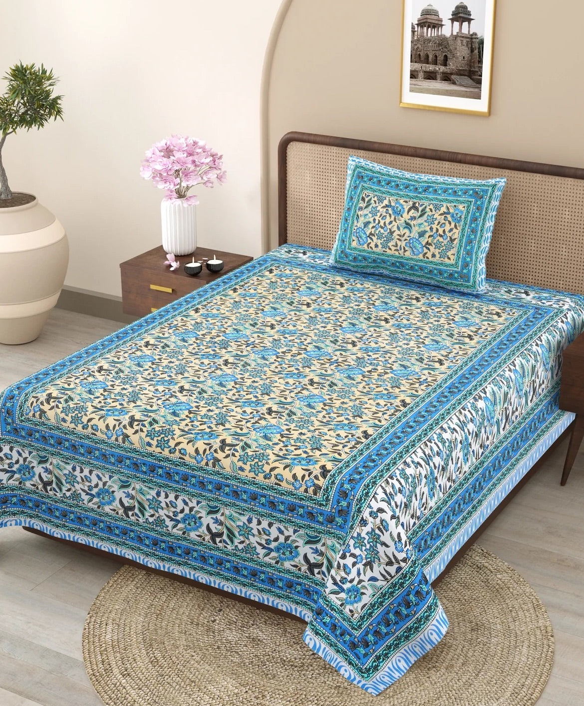 Tropical Hand Block Printed Cotton Single Bedsheet | 60x90 inches