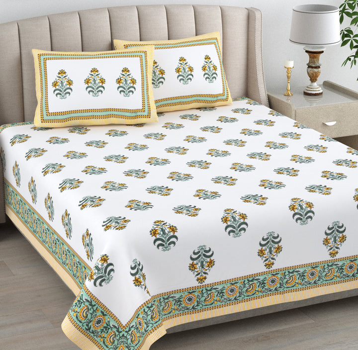 Yellow Rose Petals Hand Block Printed Cotton King Bedsheet Set